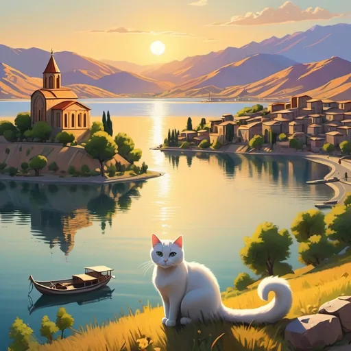 Prompt: Prompt: "An animated scene depicting the serene beauty of Van, Turkey. The camera starts by flying over the calm waters of Lake Van at sunrise, with the rising sun casting golden light over the mountains in the background. A slow zoom reveals the historic Akdamar Island, showcasing its ancient stone church surrounded by lush greenery. A Van cat ( the white cat), with its distinct two-colored eyes (one blue, one amber), playfully interacts with the environment, chasing birds and jumping into the water. The scene transitions to the mountains at sunset, where the sky turns vibrant red and purple, and the stars begin to twinkle. The final shot is of a peaceful night scene with the moon rising over the lake, its light shimmering on the water's surface, creating a tranquil atmosphere."