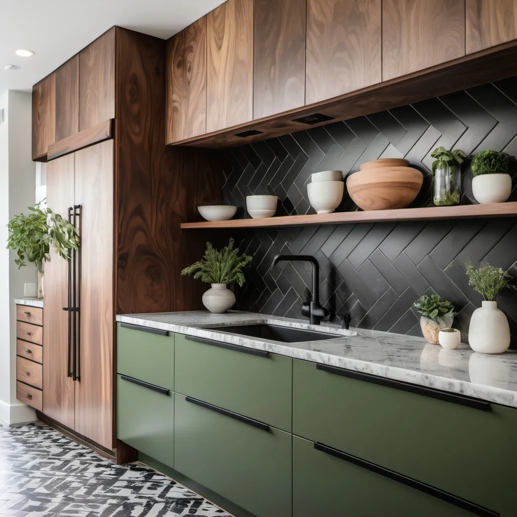 Prompt: a kitchen with walnut upper cabinets, green lower cabinets, white granite countertops, and black tile walls