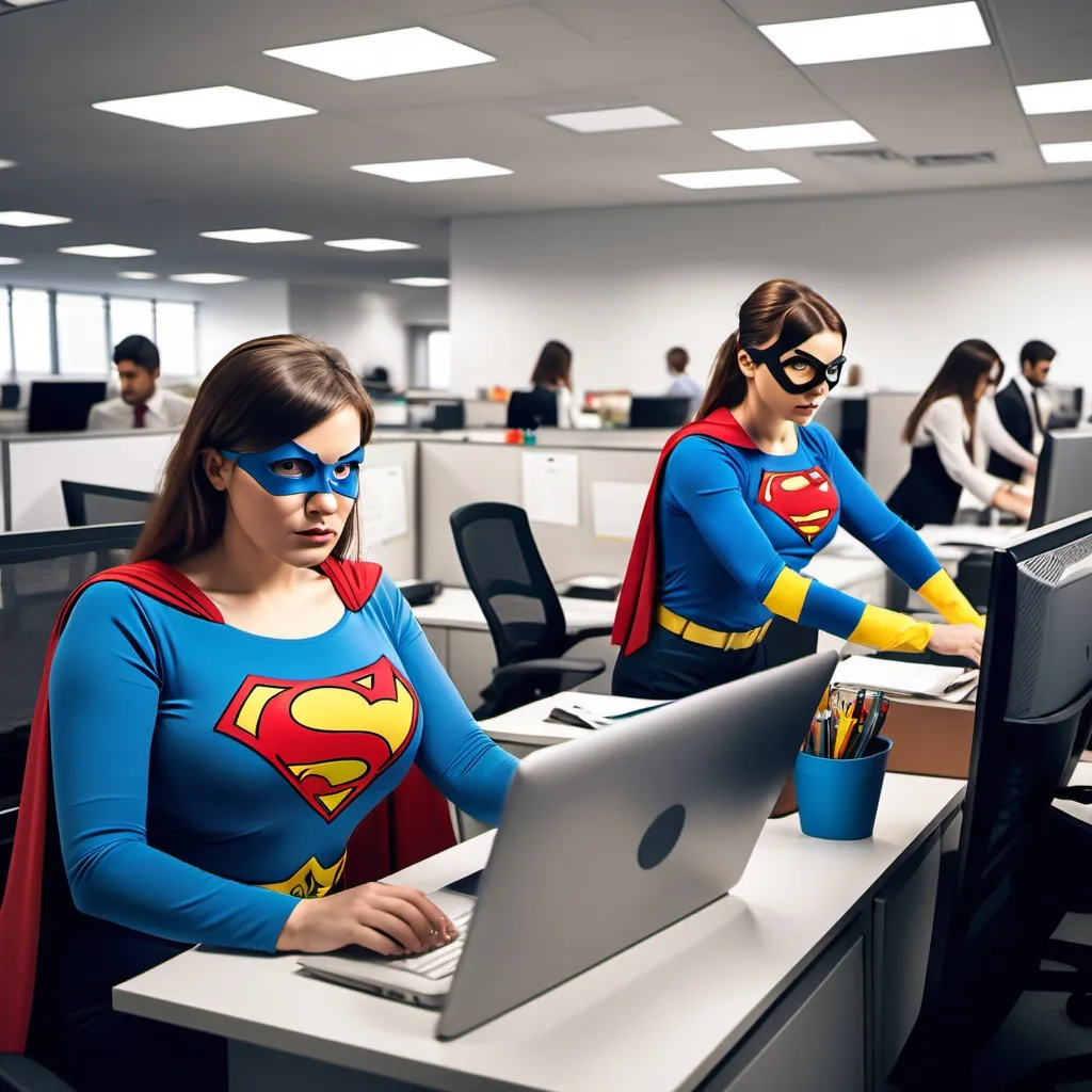 Prompt: Office workers look like superheroes working