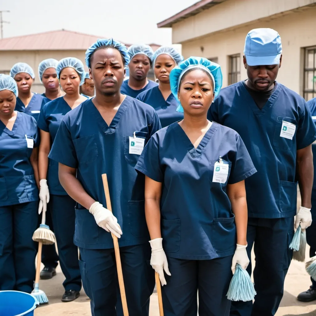 Prompt: a group of black adult male and female NEMCHEM employees in navy blue scrubs holding mops and buckets crying and shedding tears for low salaries and poor working conditions.