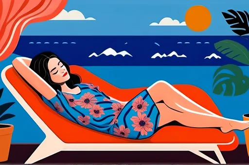 Prompt: AI, please draw a 2D drawing of a woman with shoulder-length, dark hair in waves, eyes closed, wearing a loose floral blouse and jeans, no shoes. The woman is lying on a chaise lounge, on her się, in a relaxed position - one hand supporting her head. One leg is bent at the knee, the other hanging freely. in the background you can see a wall, a window and potted plants