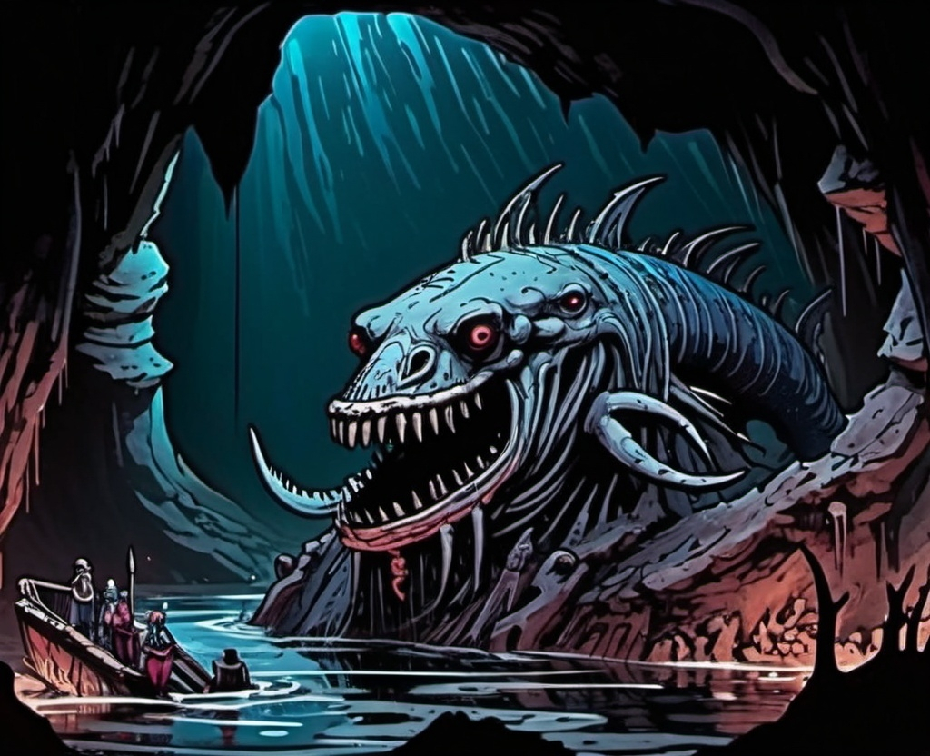 Prompt: a leviathan in a damp dark grotto