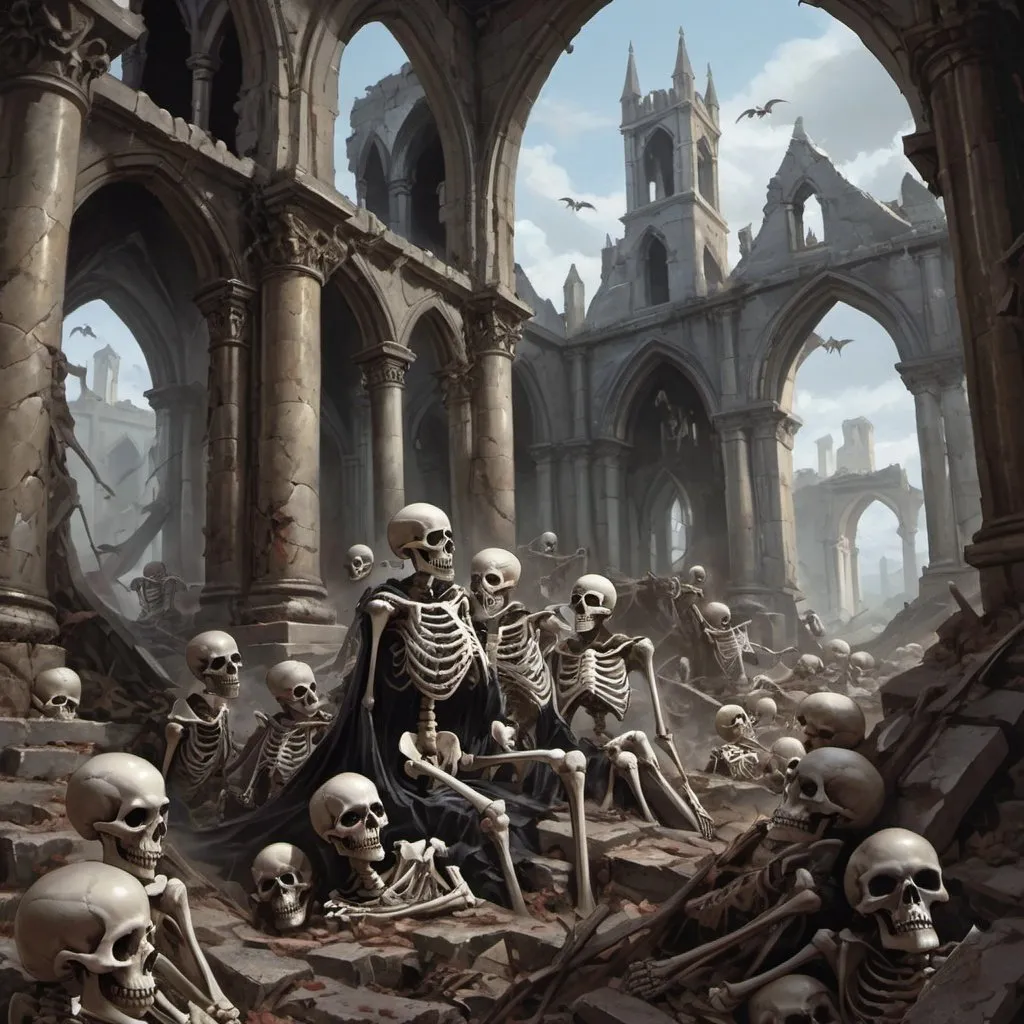 Prompt: Magic the gathering style art a bunch of skeletons spilling out of ruins with gothic backrounds