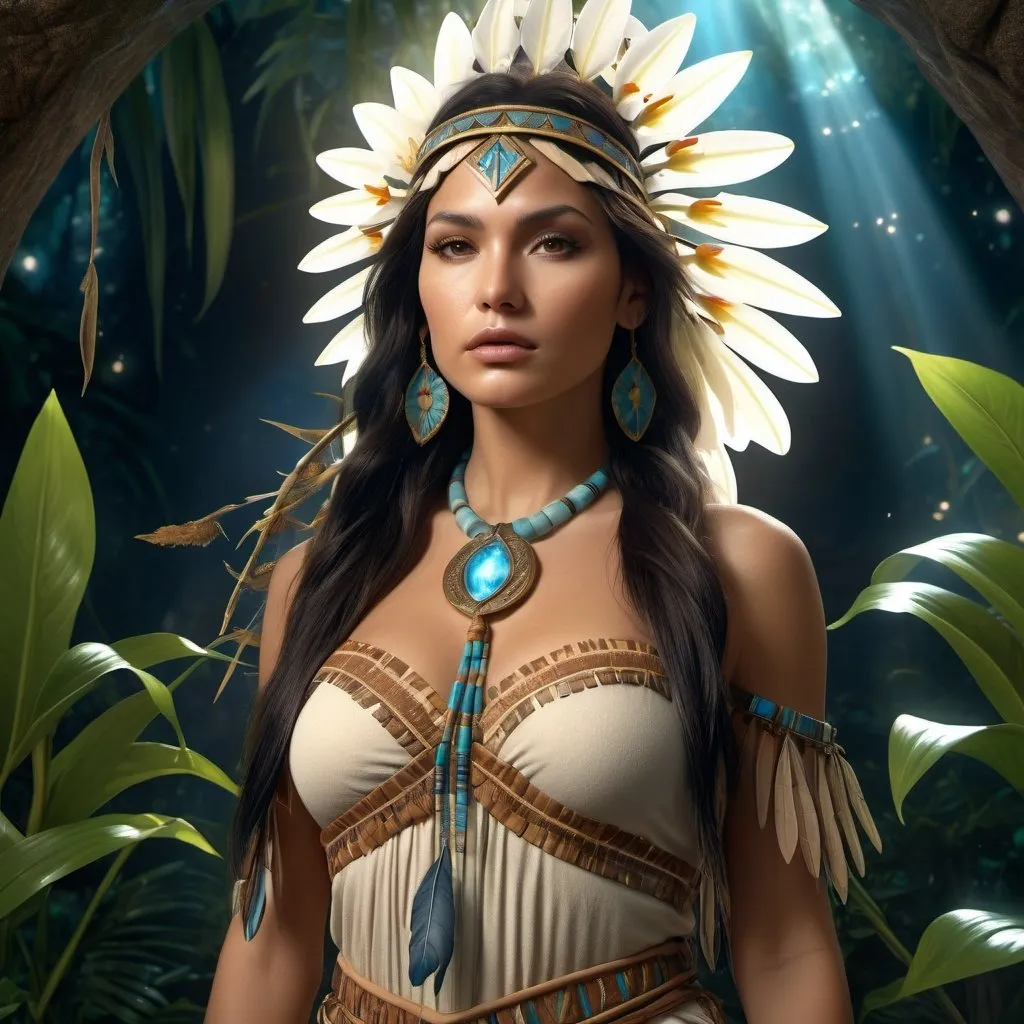 Prompt: HD 4k 3D 8k professional modeling photo hyper realistic beautiful woman Native American Princess of Neverland ethereal greek goddess gorgeous face full body surrounded by ambient glow, enchanted, magical, detailed, highly realistic woman, high fantasy background, Neverland, lilies, elegant, mythical, surreal lighting, majestic, goddesslike aura, Annie Leibovitz style 

