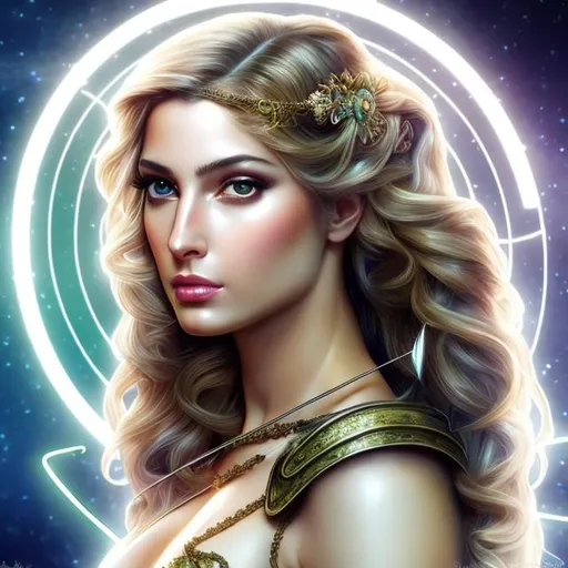 Prompt: HD 4k 3D, hyper realistic, professional modeling, ethereal Greek goddess of trajectory, green twist hair, light skin, gorgeous face, gorgeous archer armor,  rustic jewelry and headpiece, full body, ambient glow, archery maiden, nymph, landscape, detailed, elegant, ethereal, mythical, Greek, goddess, surreal lighting, majestic, goddesslike aura