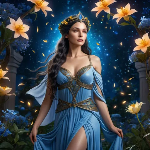 Prompt: HD 4k 3D 8k professional modeling photo hyper realistic beautiful woman enchanted Elf Princess Luthien, ethereal greek goddess, full body surrounded by ambient glow, magical, highly detailed, intricate, beautiful Elf, blossoming colorful flowers, starry night, nightingales, outdoor landscape, highly realistic woman, high fantasy background, elegant, mythical, surreal lighting, majestic, goddesslike aura, Annie Leibovitz style 

