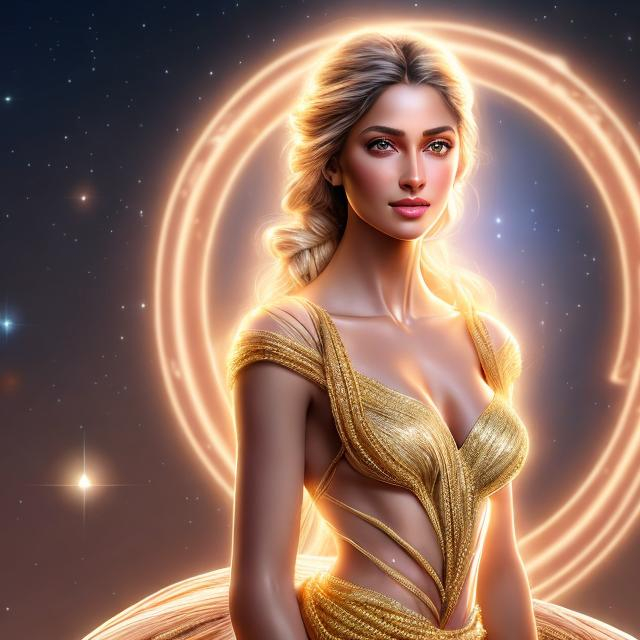 Prompt: HD 4k 3D 8k professional modeling photo hyper realistic beautiful young woman ethereal greek goddess spinner of life
white hair light eyes gorgeous face tan skin elegant greek dress and jewelry holding ball of gold yarn, spins the golden thread of life full body surrounded by ambient glow hd landscape background dark cosmos standing next to spindle
