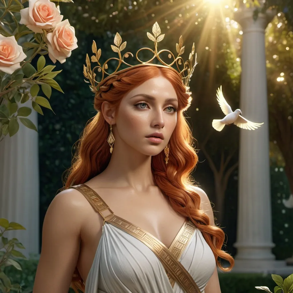 Prompt: HD 4k 3D, hyper realistic, professional modeling, ethereal Greek Muse of Lyric Poetry, light red hair, olive skin, gorgeous face, grecian gossamer gown, topaz jewelry and myrtle crown, full body, lovely, holding gold arrow, in rose garden, romantic, turtle doves,  detailed, elegant, ethereal, mythical, Greek, goddess, surreal lighting, majestic, goddesslike aura