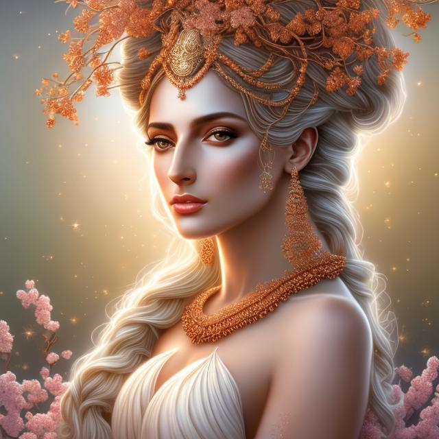 Prompt: HD 4k 3D, hyper realistic, professional modeling, ethereal  Greek goddess of poplar trees, white hair, dark skin, gorgeous face, gorgeous tree dress, copper jewelry and diadem, full body, ambient radiant glow, shepherd of cows in orchard, landscape, detailed, elegant, ethereal, mythical, Greek, goddess, surreal lighting, majestic, goddesslike aura