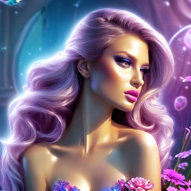 Prompt: HD 4k 3D 8k professional modeling photo hyper realistic beautiful woman ethereal greek goddess european river nymph Oceanid
blonde hair fair skin gorgeous face  jewelry tiara colored mermaid tail full body surrounded by ambient glow hd landscape river mermaid yellow and purple flowers vegetation

