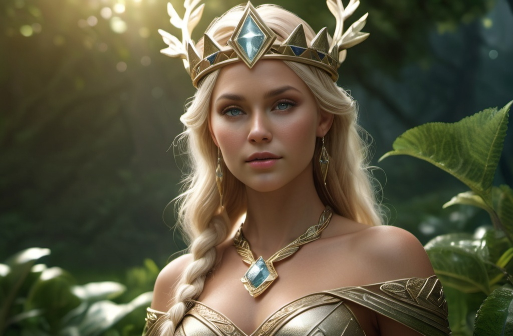 Prompt: Geror Norse Goddess of Earth,  hyper realistic, HD 4k 3D, professional modeling, ethereal, light blonde hair, tan skin, shimmering beauty, gorgeous face, gorgeous jewelry and earth crown, full body, surrounded flora and vegetation, ambient glow, landscape, detailed, elegant, ethereal, mythical, goddess, surreal lighting, majestic, goddesslike aura, Norse Mythology