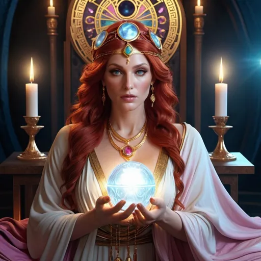 Prompt: HD 4k 3D, 8k, hyper realistic, professional modeling, ethereal Greek Goddess Prophetess Cassandra, red hair, ivory skin, gorgeous glowing face, colorful robes, pink gemstone jewelry and headpiece, soothsayer, crystal ball and tarot, surrounded by ambient divinity glow, detailed, elegant, mythical, surreal dramatic lighting, majestic, goddesslike aura