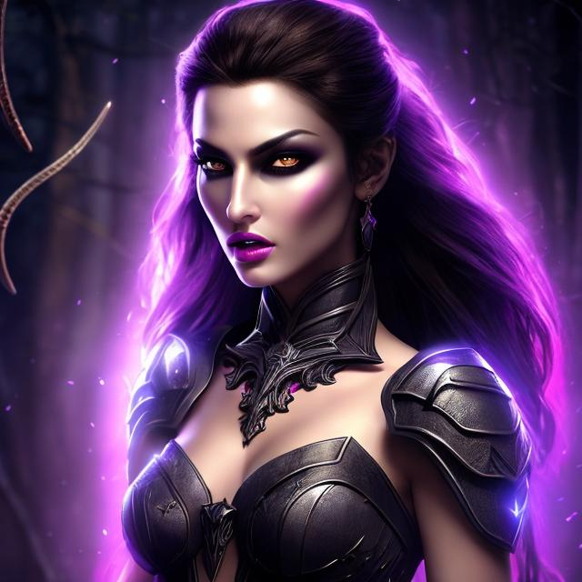 Prompt: HD 4k 3D 8k professional modeling photo hyper realistic beautiful woman ethereal greek fury the jealous one
dark purple snakes for hair dark eyes dark skin gorgeous face fierce greek warrior bloody dress gothic jewelry large bat wings surrounded by ambient glow hd landscape dark spooky underworld river during war
