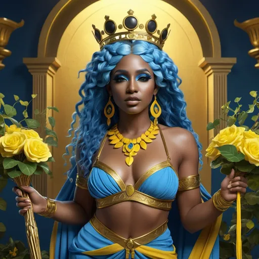 Prompt: HD 4k 3D, hyper realistic, professional modeling, ethereal Greek Muse of Comedy, bright blue hair, black skin, gorgeous face, grecian two piece outfit with boots, canary yellow jewelry and crown of ivy, full body, joyous, holding staff, flourishing vegetation, happy,  detailed, elegant, ethereal, mythical, Greek, goddess, surreal lighting, majestic, goddesslike aura