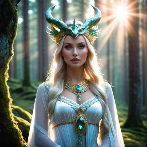 Prompt: Finnish Ajatar is an evil female spirit. She lives in the woods located at the mountains, She is closely associated with serpents, and is often depicted in modern art as a dragon or half-humanoid and serpentine figure, hyper realistic, HD 4k 3D, professional modeling, ethereal, gorgeous face, Finnish jewelry and headpiece, ambient divine glow, detailed and intricate, elegant, ethereal, mythical, goddess, radiant lighting, majestic, goddesslike aura, mystic Finland landscape