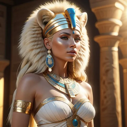 Prompt: HD 4k 3D, 8k, hyper realistic, professional modeling, ethereal Egyptian Goddess style, Lioness goddess, beautiful, glowing white skin, blonde hair, mythical fur clothing and jewelry, headpiece, full body, sunshine, Fantasy setting, surrounded by ambient divine glow, detailed, elegant, surreal dramatic lighting, majestic, goddesslike aura, octane render, artistic and whimsical