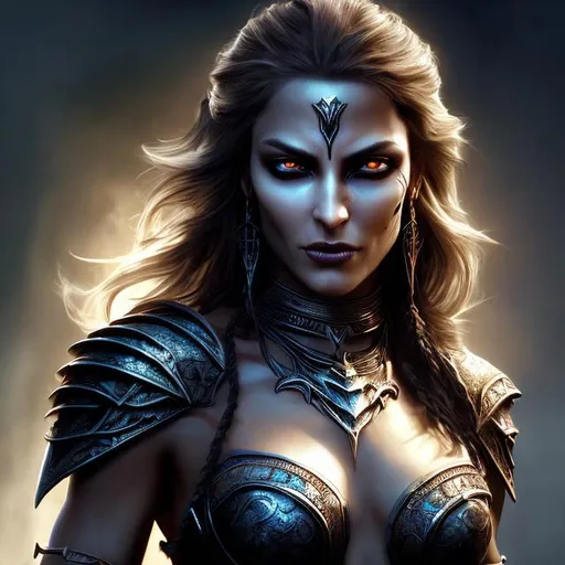 Prompt: HD 4k 3D 8k professional modeling photo hyper realistic beautiful evil barbarian woman ethereal greek goddess of punishment
indigo hair dark brown eyes tan skin gorgeous face scars shiny embroidered grecian female armor gothic jewelry gothic headpiece holding whip and skull full body surrounded by sinister glow hd landscape background weapons, skulls, divine retribution, reptiles
