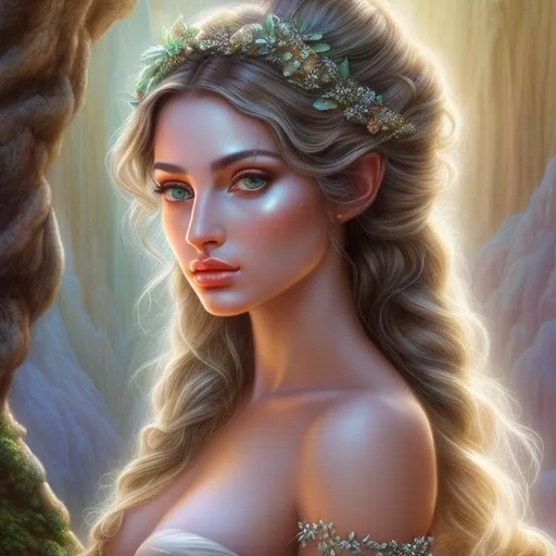 Prompt: HD 4k 3D, hyper realistic, professional modeling, ethereal Greek goddess mountain nymph, silver ombre hair,  brown skin, gorgeous face, gorgeous mountain rustic dress,  rustic jewelry and headband, full body, ambient glow, cave dwelling nymph, inside cavern landscape, detailed, elegant, ethereal, mythical, Greek, goddess, surreal lighting, majestic, goddesslike aura