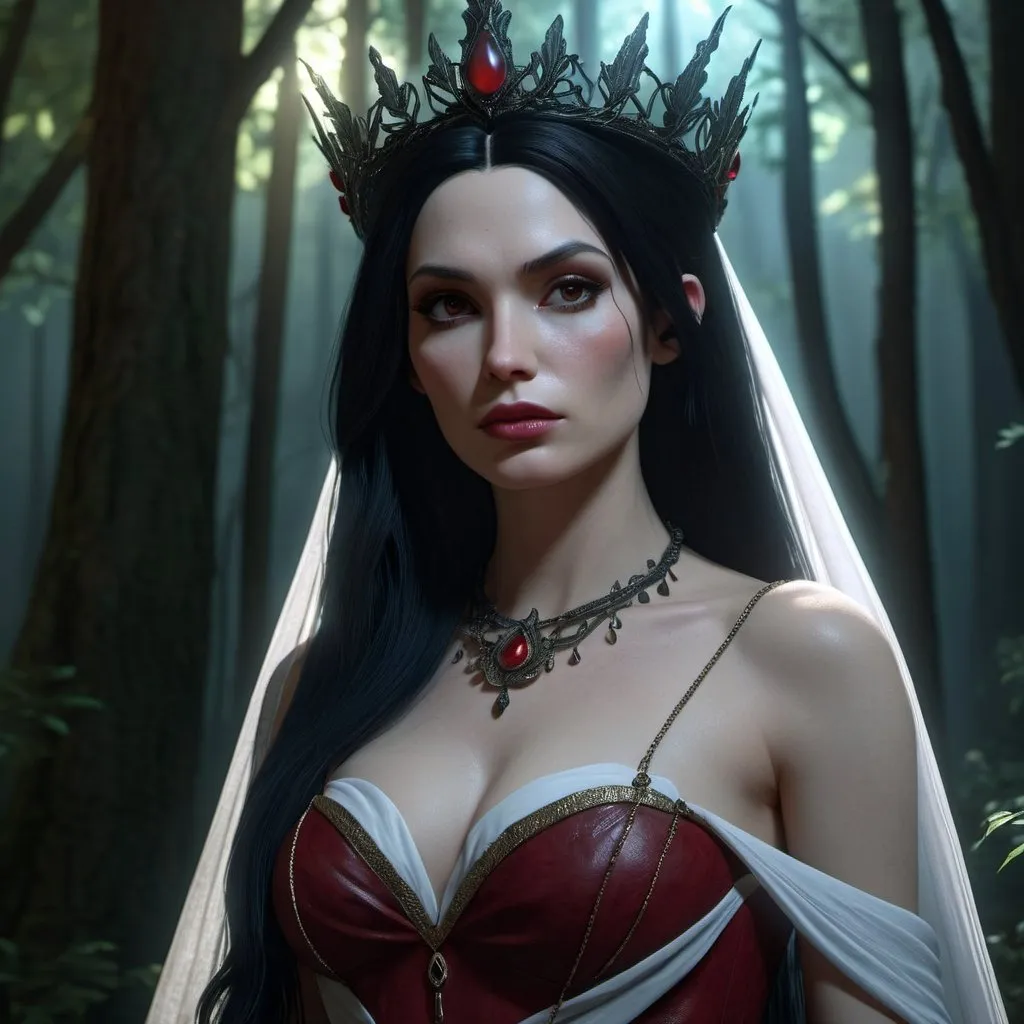 Prompt: HD 4k 3D, hyper realistic, professional modeling, enchanted Vampire Princess - Marceline, beautiful, magical, powerful, dark forest, detailed, elegant, ethereal, mythical, Greek goddess, surreal lighting, majestic, goddesslike aura