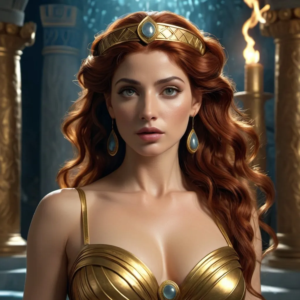 Prompt: HD 4k 3D, hyper realistic, professional modeling, enchanted Theban goddess mythology Princess - Megara, beautiful, magical, detailed, highly realistic woman, high fantasy background, Theban paradise, elegant, ethereal, mythical, Greek goddess, surreal lighting, majestic, goddesslike aura, Annie Leibovitz style 