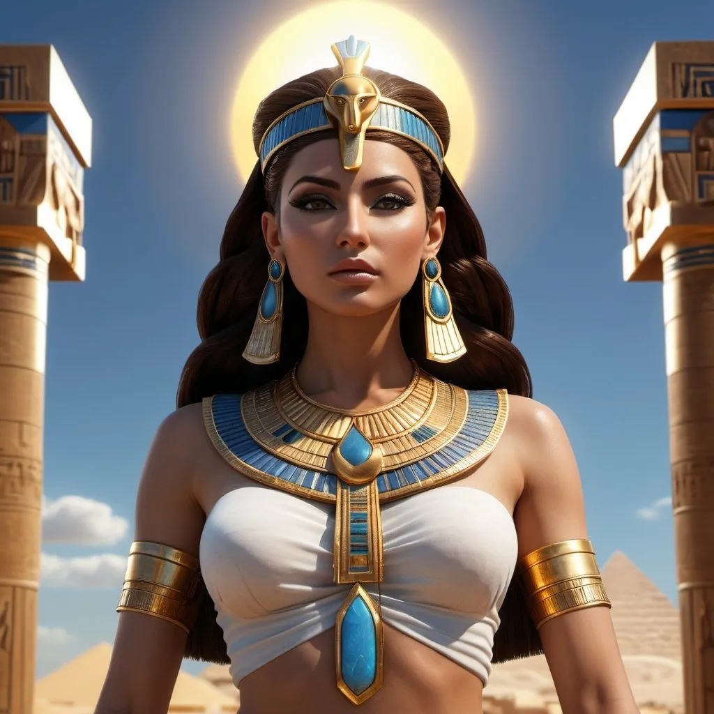 Prompt: HD 4k 3D, 8k, hyper realistic, professional modeling, ethereal Egyptian Queen Goddess Hathor, beautiful, glowing medium skin, brown hair, mythical clothing and jewelry, diadem, Goddess of the Sky, full body, powerful and vengeful, Sun and Sky in background, surrounded by ambient divine glow, detailed, elegant, surreal dramatic lighting, majestic, goddesslike aura