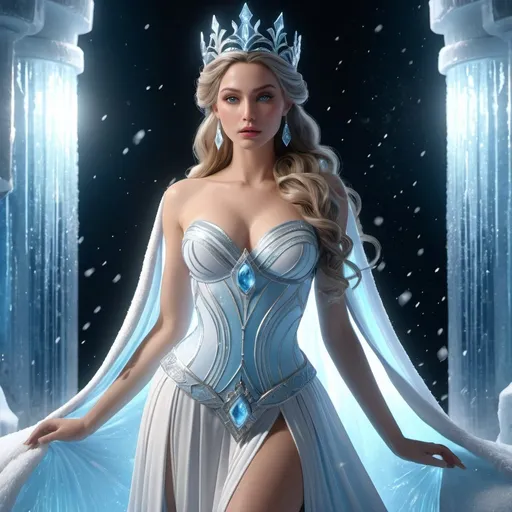 Prompt: HD 4k 3D, hyper realistic, professional modeling, enchanted Snow Princess, beautiful, magical, sorceress, ice castle, detailed, elegant, ethereal, mythical, Greek goddess, surreal lighting, majestic, goddesslike aura