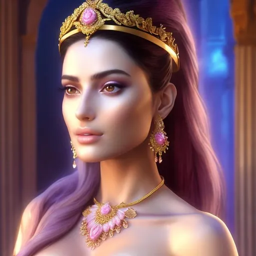 Prompt: HD 4k 3D, hyper realistic, professional modeling, ethereal Greek goddess of banquets, pink ombre hair, mixed skin, embroidered robes, gorgeous face, regal jewelry and diadem, full body, ambient glow, goddess at royal banquet, scales of justice, detailed, elegant, ethereal, mythical, Greek, goddess, surreal lighting, majestic, goddesslike aura