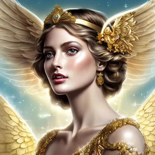 Prompt: HD 4k 3D 8k professional modeling photo hyper realistic beautiful woman ethereal greek goddess of victory
gold hair bright eyes gorgeous face dark freckled skin elegant greek dress with jewelry and headband holding laurel wreath gold sandals angel wings in flight full body surrounded by ambient glow hd landscape background she is in flight through the clouds 
