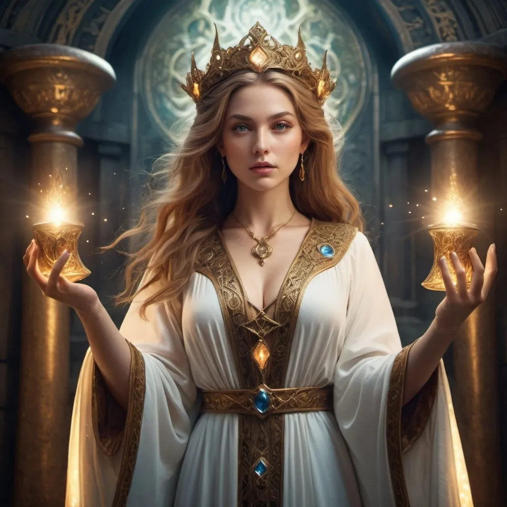 Prompt: tarot card Anime illustration, detailed ornate cloth robe, dramatic lighting, HD 4k 3D 8k professional modeling photo hyper realistic beautiful woman enchanted, Oz Sorceress Princess Harmony, Harmony has brown eyes and hair like her father, magical ability allows them to create or enable anything they envision while playing music, full body surrounded by ambient glow, magical, highly detailed, intricate, outdoor  landscape, high fantasy background, elegant, mythical, surreal lighting, majestic, goddesslike aura, Annie Leibovitz style 