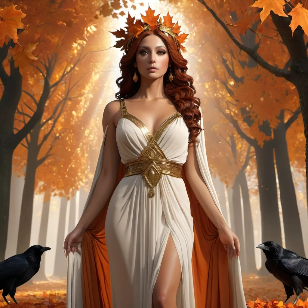 Prompt: HD 4k 3D, hyper realistic, professional modeling, ethereal Greek goddess of Autumn, dark orange hair, tan skin, gorgeous face, grecian chiffon dress, autumn jewelry and autumn leaves crown, full body, embodiment of autumn and changing colors, falling leaves, forest, crows and ravens, detailed, elegant, ethereal, mythical, Greek, goddess, surreal lighting, majestic, goddesslike aura