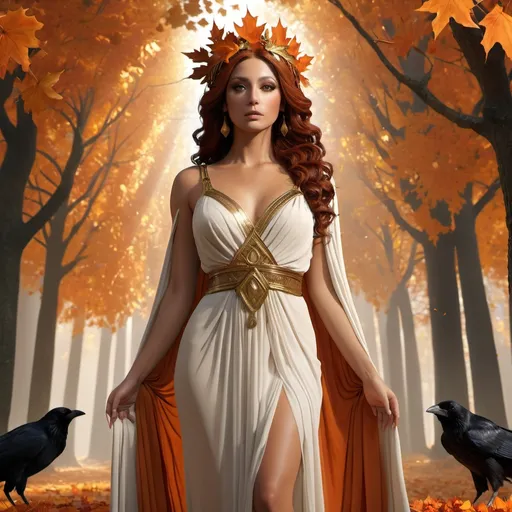 Prompt: HD 4k 3D, hyper realistic, professional modeling, ethereal Greek goddess of Autumn, dark orange hair, tan skin, gorgeous face, grecian chiffon dress, autumn jewelry and autumn leaves crown, full body, embodiment of autumn and changing colors, falling leaves, forest, crows and ravens, detailed, elegant, ethereal, mythical, Greek, goddess, surreal lighting, majestic, goddesslike aura