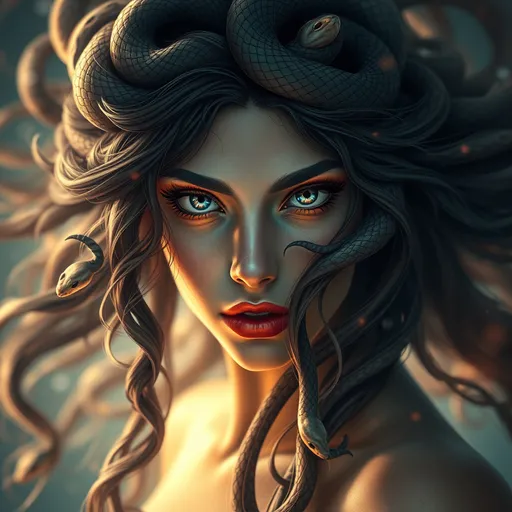 Prompt: Ancient Primordial Goddess of Snakes, Snake-Charmer, Medusa Being, pre-Raphaelite time-lapse motion blur, High resolution, detailed portrait, ethereal atmosphere, flowing hair, captivating eyes, cosmic mystical aura, vibrant colors, soft lighting, professional, digital painting, enchanting presence, fantasy, dreamy, female, mystical, detailed hair, captivating gaze, professional lighting, hyper realistic, HD 4k 3D, professional modeling, ethereal, gorgeous face, ambient divine glow, detailed and intricate, elegant, ethereal, mythical, goddess, radiant lighting,