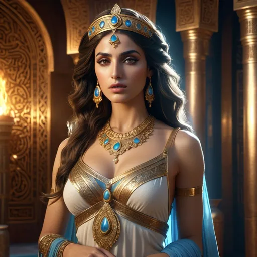 Prompt: HD 4k 3D 8k professional modeling photo hyper realistic beautiful woman Princess of Persia ethereal greek goddess gorgeous face full body surrounded by ambient glow, enchanted, magical, detailed, highly realistic woman, high fantasy background, Moroccan kingdom, elegant, mythical, surreal lighting, majestic, goddesslike aura, Annie Leibovitz style 

