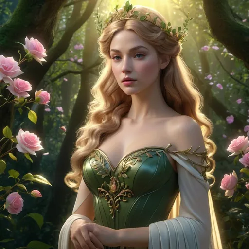 Prompt: HD 4k 3D, hyper realistic, professional modeling, enchanted French Princess - Briar Rose, beautiful, magical, gorgeous forest, flowers and fairies, detailed, elegant, ethereal, mythical, Greek goddess, surreal lighting, majestic, goddesslike aura