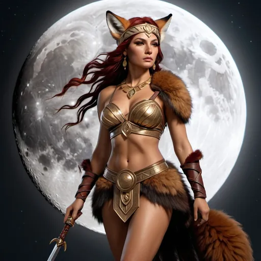 Prompt: HD 4k 3D, hyper realistic, professional modeling, ethereal Greek Goddess of the hunt and the moon, dark red hair, tan skin, gorgeous face, animal pelt armor and boots, barbarian brown jewelry and headband, full body, wooden spear, full moon, red fox companion, detailed, elegant, ethereal, mythical, Greek, goddess, surreal lighting, majestic, goddesslike aura