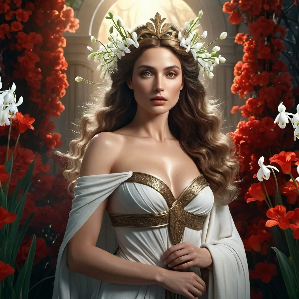 Prompt: HD 4k 3D 8k professional modeling photo hyper realistic beautiful woman English Princess ethereal greek goddess gorgeous face full body surrounded by ambient glow, snowdrop flowers vegetation, enchanted, magical, detailed, highly realistic woman, high fantasy background, elegant, mythical, surreal lighting, majestic, goddesslike aura, red and black flowers, Annie Leibovitz style 

