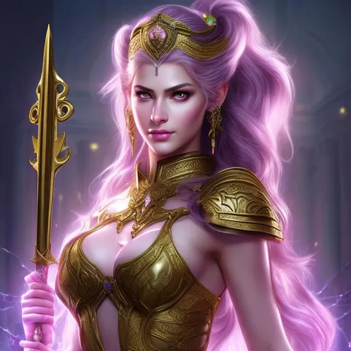 Prompt: HD 4k 3D 8k professional modeling photo hyper realistic beautiful woman ethereal greek goddess of judicial punishment
light purple pigtails hair brown eyes olive skin gorgeous face shimmering gem encrusted armor regal jewelry regal headpiece holding keys and weapon full body surrounded by ambient glow hd landscape background she guards prisoners, cells, prison, cages, lions and tigers
