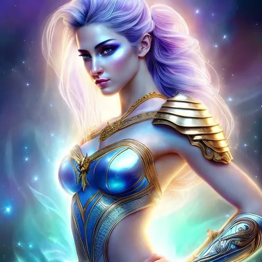 Prompt: HD 4k 3D, hyper realistic, professional modeling, ethereal Greek warrior goddess of morning gymnastics, blue and purple pulled back hair, pale skin, light blue armor, gorgeous face, sparkling jewelry and crown, full body, ambient glow of morning, alluring sun goddess at morning, gymnastics, detailed, elegant, ethereal, mythical, Greek, goddess, surreal lighting, majestic, goddesslike aura