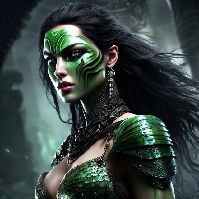 Prompt: HD 4k 3D 8k professional modeling photo hyper realistic beautiful woman ethereal greek fury of anger and madness
dark green snakes for hair dark eyes mixed skin gorgeous face fierce greek warrior blood splatter dress gothic jewelry large bat wings surrounded by ambient glow hd landscape background trojan war
