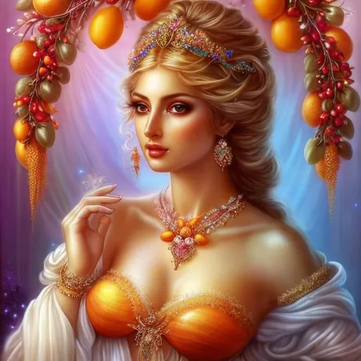 Prompt: HD 4k 3D, hyper realistic, professional modeling, ethereal Greek goddess of fruits, orange ombre hair, white skin, embroidered gown, gorgeous face, colorful jewelry and tiara, full body, ambient glow, beautiful goddess surrounded by fruits in spring, fruits and springtime,  detailed, elegant, ethereal, mythical, Greek, goddess, surreal lighting, majestic, goddesslike aura