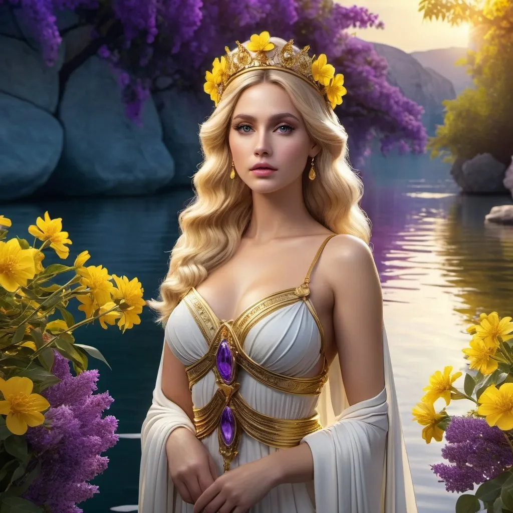 Prompt: HD 4k 3D 8k professional modeling photo hyper realistic beautiful woman princess ethereal greek goddess european nymph 
blonde hair fair skin gorgeous face  jewelry tiara  full body surrounded by ambient glow hd landscape river yellow and purple flowers vegetation

