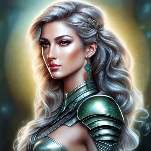 Prompt: HD 4k 3D, hyper realistic, professional modeling, ethereal Greek goddess of trajectory, green twist hair, light skin, gorgeous face, gorgeous silver archer armor,  rustic jewelry and headpiece, full body, ambient glow, archery maiden, nymph, landscape, detailed, elegant, ethereal, mythical, Greek, goddess, surreal lighting, majestic, goddesslike aura