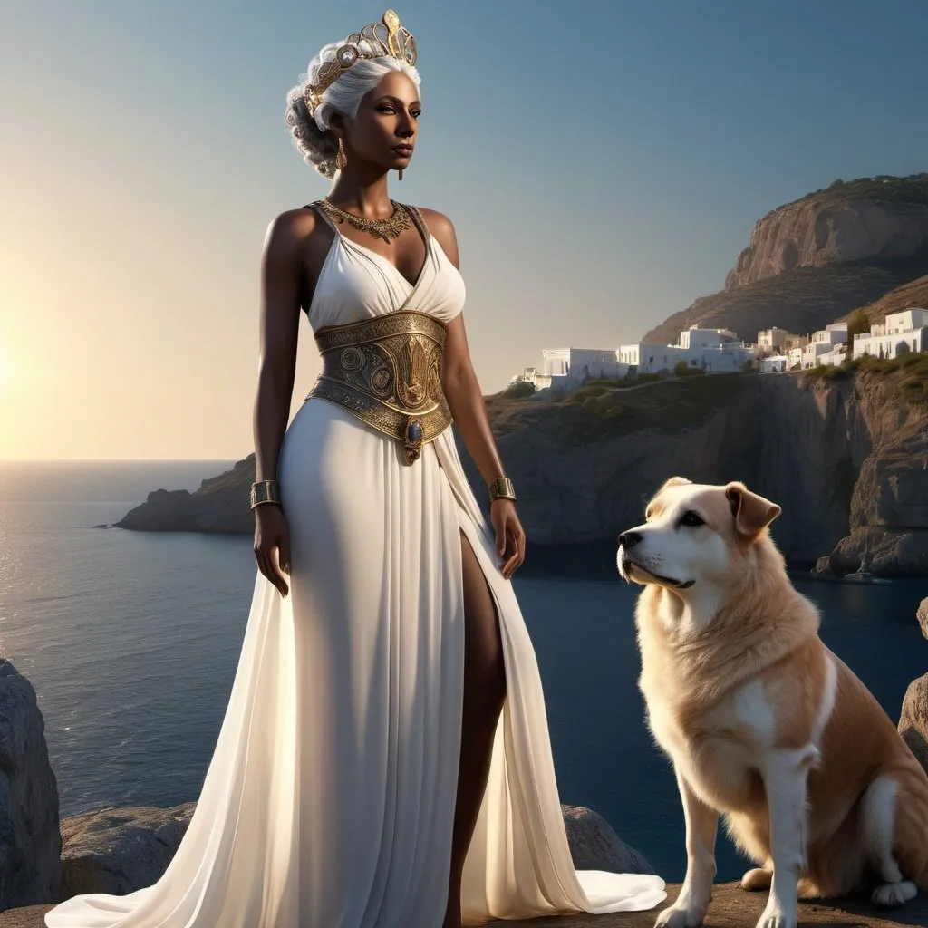 Prompt: HD 4k 3D, 8k, hyper realistic, professional modeling, ethereal Greek Goddess Trojan Queen, gray hair, dark skin, gorgeous glowing face, regal gown, copper gemstone jewelry and tiara, standing next to a dog companion on a bluff by the sea, scabiosa pods, surrounded by ambient divinity glow, detailed, elegant, mythical, surreal dramatic lighting, majestic, goddesslike aura