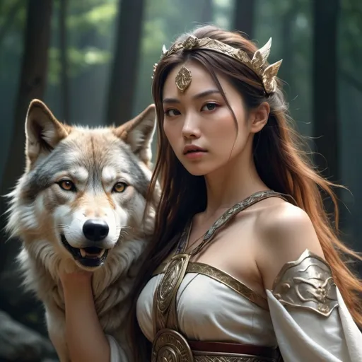 Prompt: HD 4k 3D, hyper realistic, professional modeling, enchanted Japanese Warrior Princess - San, strong, beautiful, magical, wolves, high fantasy background, detailed, highly realistic woman, elegant, ethereal, mythical, Greek goddess, surreal lighting, majestic, goddesslike aura, Annie Leibovitz style 