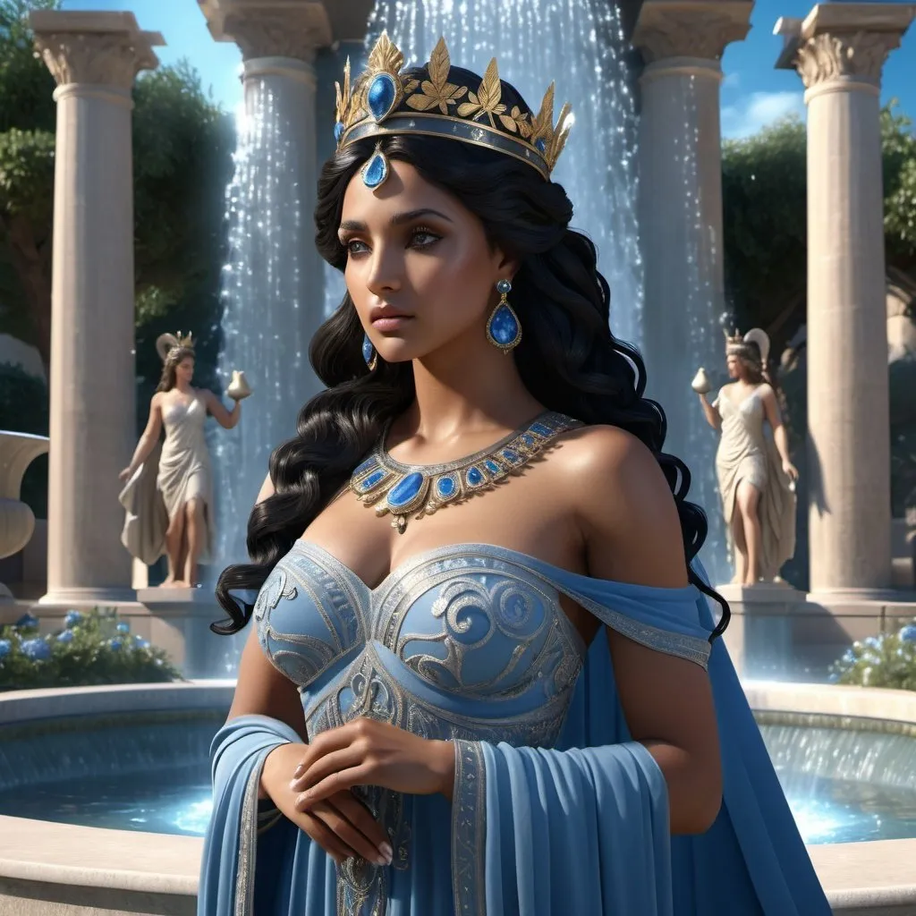 Prompt: HD 4k 3D, 8k, hyper realistic, professional modeling, ethereal Greek Goddess and Trojan Princess, black hair, brown skin, gorgeous glowing face, blue gown, silver jewelry and crown, garden fountain, dusty miller lacy flowers, paradise, surrounded by ambient divinity glow, detailed, elegant, mythical, surreal dramatic lighting, majestic, goddesslike aura