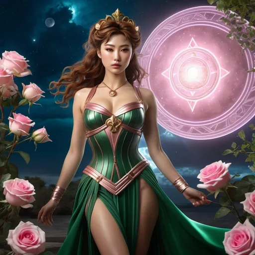 Prompt: HD 4k 3D 8k professional modeling photo hyper realistic beautiful woman enchanted Jupiter Princess Makoto, ethereal greek goddess, full body surrounded by ambient glow, magical, highly detailed, intricate, beautiful Sailor Jupiter style, Jupiter, pink roses and thunder and lighting atmosphere, outdoor landscape, highly realistic woman, high fantasy background, elegant, mythical, surreal lighting, majestic, goddesslike aura, Annie Leibovitz style 

