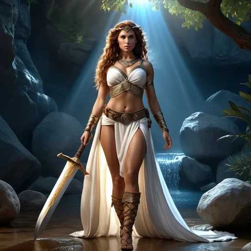 Prompt: HD 4k 3D 8k professional modeling photo hyper realistic beautiful woman enchanted barbarian Princess Yasimina, ethereal greek goddess, full body surrounded by ambient glow, magical, highly detailed, intricate, outdoor landscape, highly realistic woman, high fantasy background, elegant, mythical, surreal lighting, majestic, goddesslike aura, Annie Leibovitz style 

