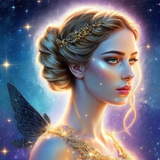 Prompt: HD 4k 3D, hyper realistic, professional modeling, ethereal Greek goddess of the stars, gold braided hair, olive freckled skin, gorgeous face, gorgeous shimmering dress,  shimmering jewelry and headpiece of stars, fairy wings, full body, ambient starlight glow, cosmos asteroid belt, dazzling light, landscape, detailed, elegant, ethereal, mythical, Greek, goddess, surreal lighting, majestic, goddesslike aura