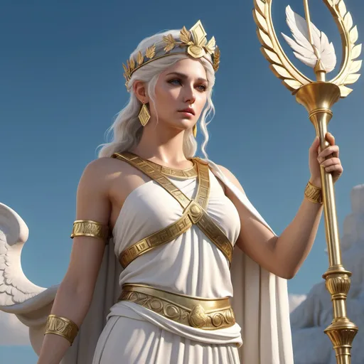 Prompt: HD 4k 3D, hyper realistic, professional modeling, ethereal Greek Muse of History, straight white hair, fair skin, gorgeous face, grecian warrior outfit, onyx jewelry and laurel crown, full body, proclaimer, glorious, holding scrolls and lyre, on mount olympus, detailed, elegant, ethereal, mythical, Greek, goddess, surreal lighting, majestic, goddesslike aura