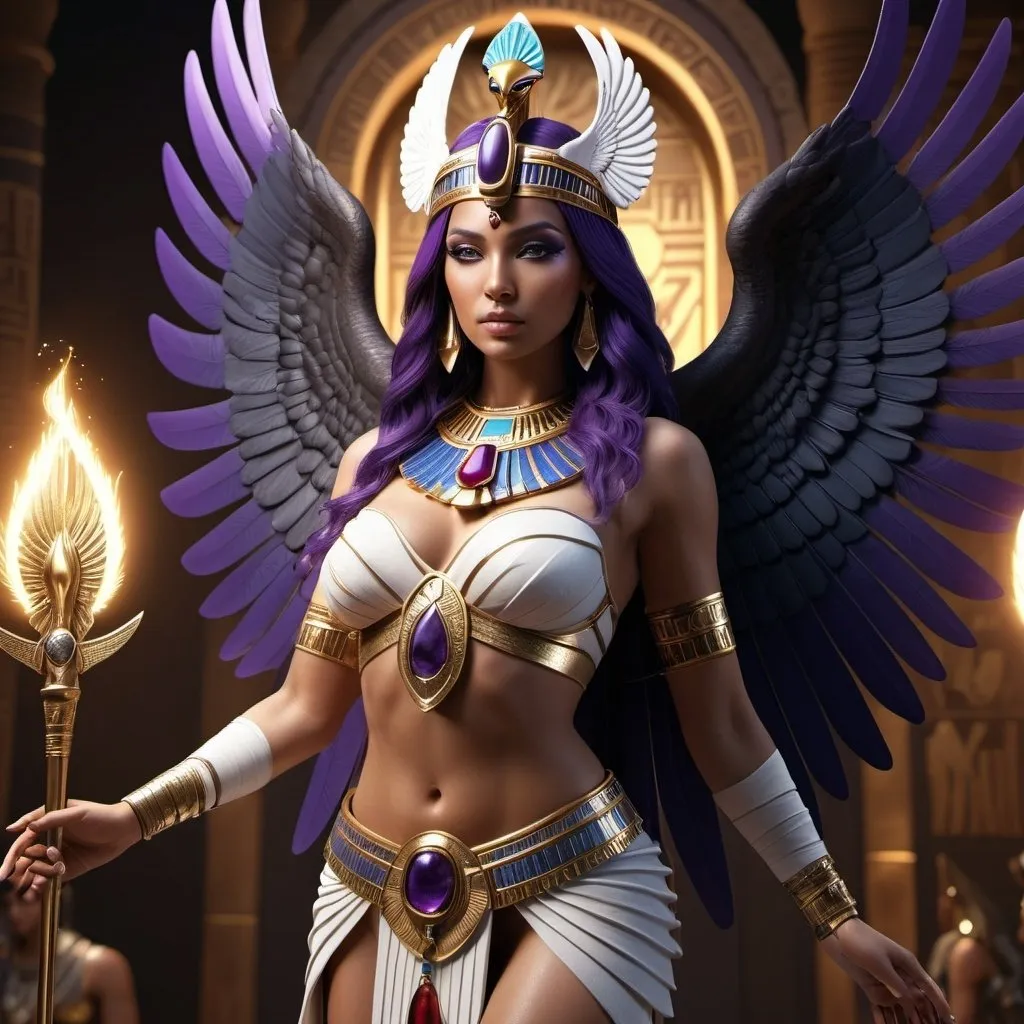 Prompt: HD 4k 3D, 8k, hyper realistic, professional modeling, ethereal Egyptian Goddess warrior style, beautiful with griffon wings, glowing beige skin, purple hair, mythical black, red, and white outfit and jewelry, diadem, full body, goddess of war, Fantasy setting, surrounded by ambient divine glow, detailed, elegant, surreal dramatic lighting, majestic, goddesslike aura, octane render, artistic and whimsical